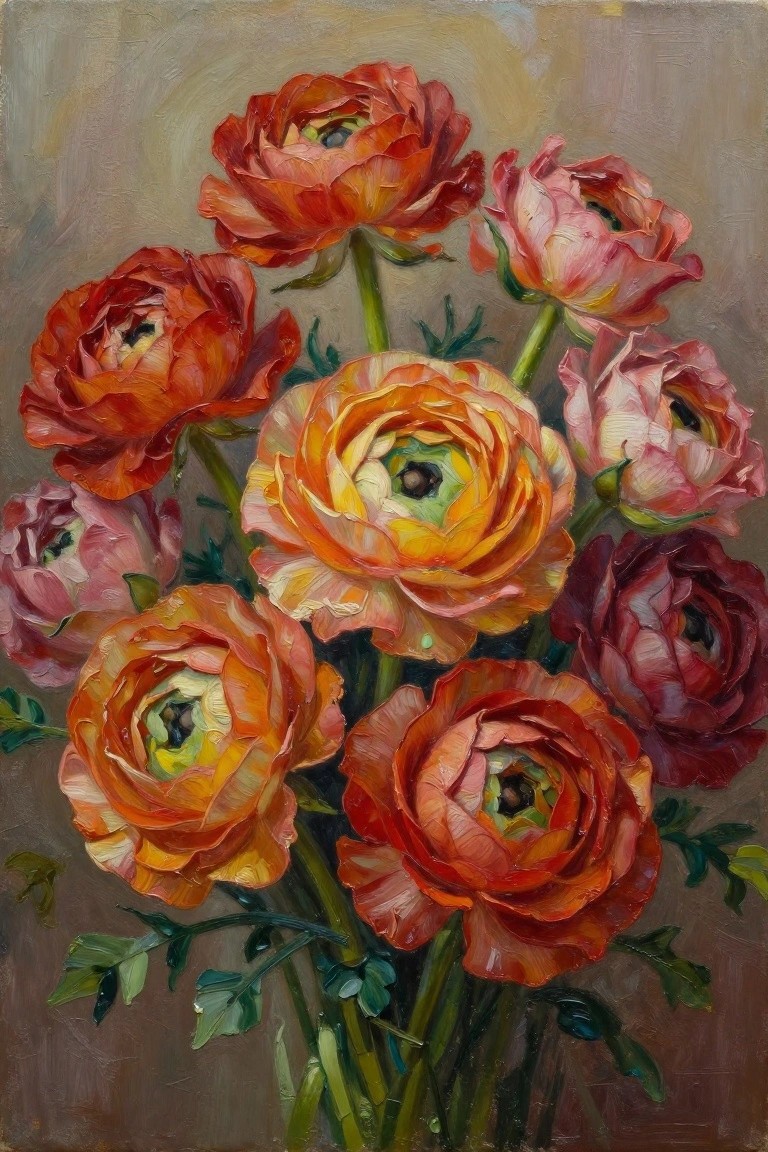 Oil painting of a bouquet of ranunculus flowers in orange, red, pink, and yellow tones with green stems against a beige background.