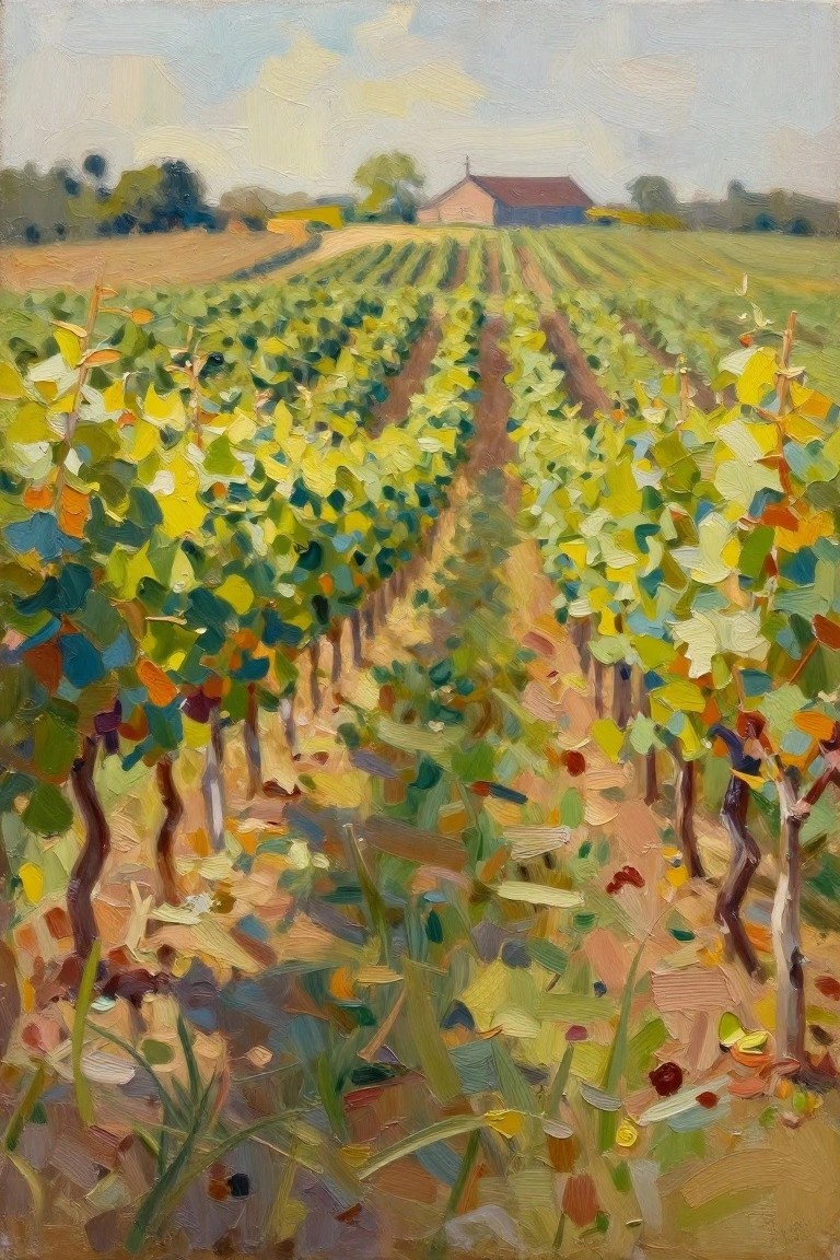 Oil painting of grapevine rows along a path leading to a barn, with green-yellow leaves, earth tones, and distant trees under a pale sky.
