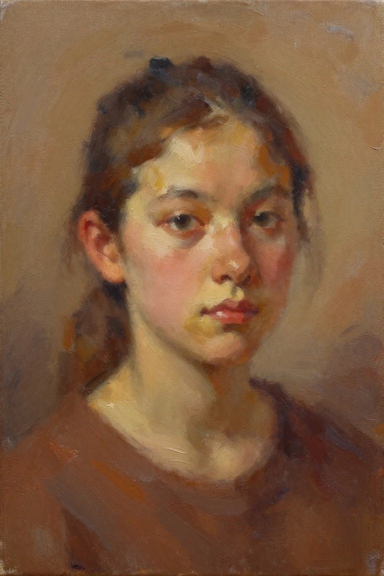 Oil portrait of a young girl with brown hair in a ponytail, wearing a reddish top, soft blended face against warm background.