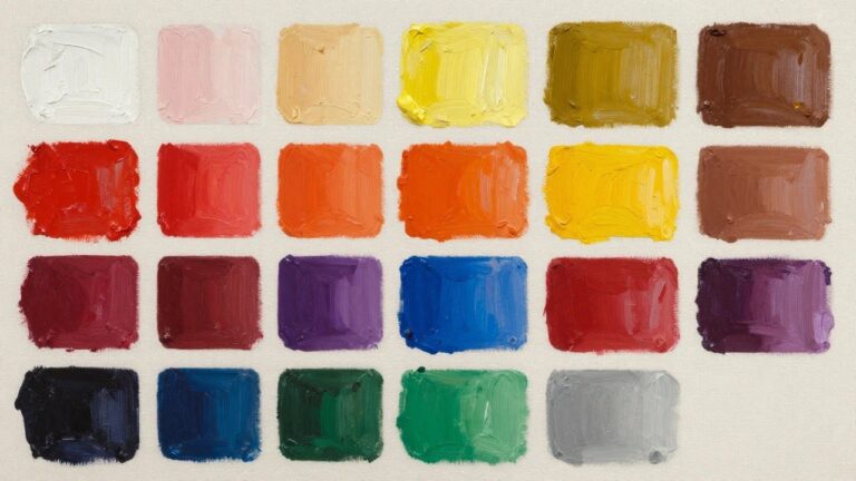 A grid of 20 textured oil paint swatches in earthy tones like creams, yellows, reds, greens, browns, and blacks on white canvas.