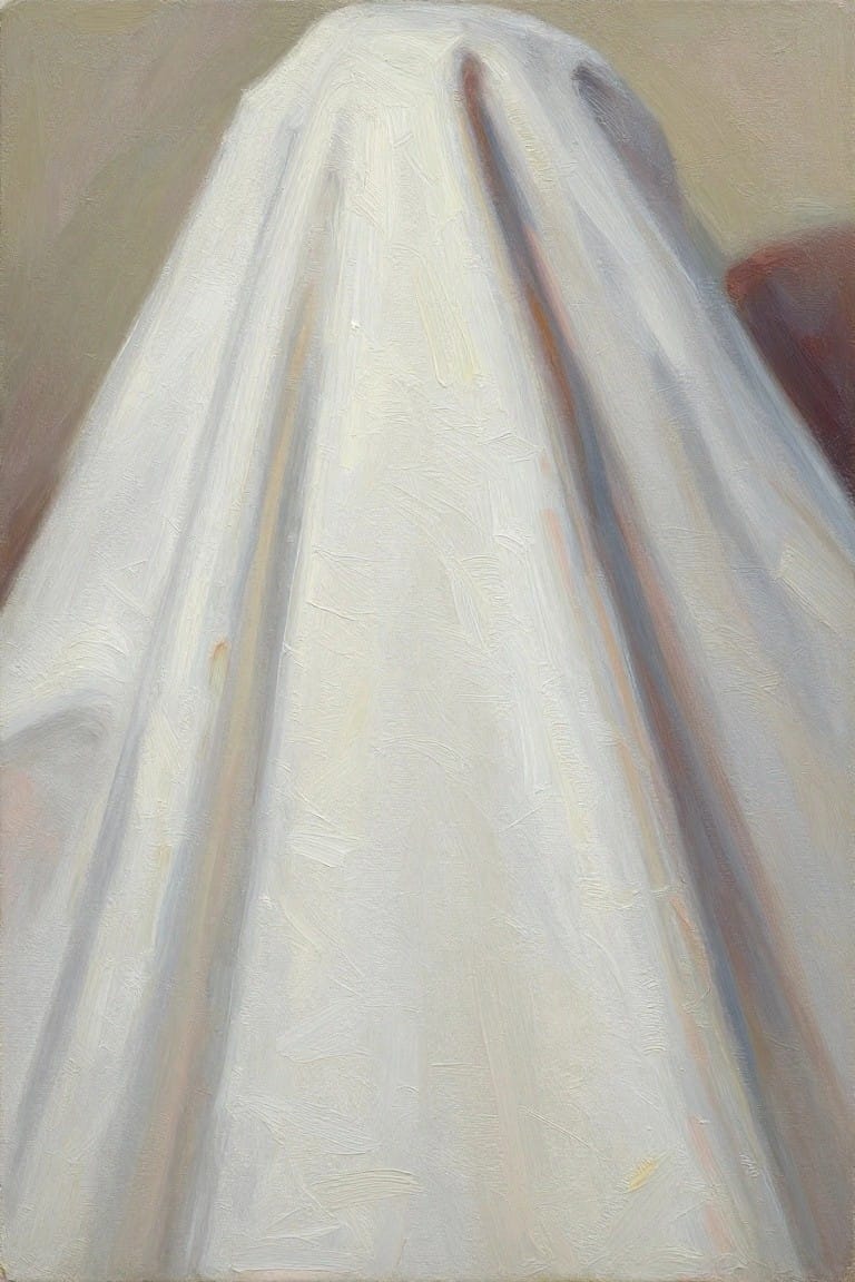 Oil painting of a white sheet draped like a ghost over a dark form on a warm ochre background with visible brush texture.