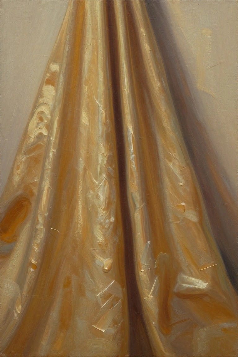 Oil painting of golden fabric draped in folds with highlights and shadows against a pale background.