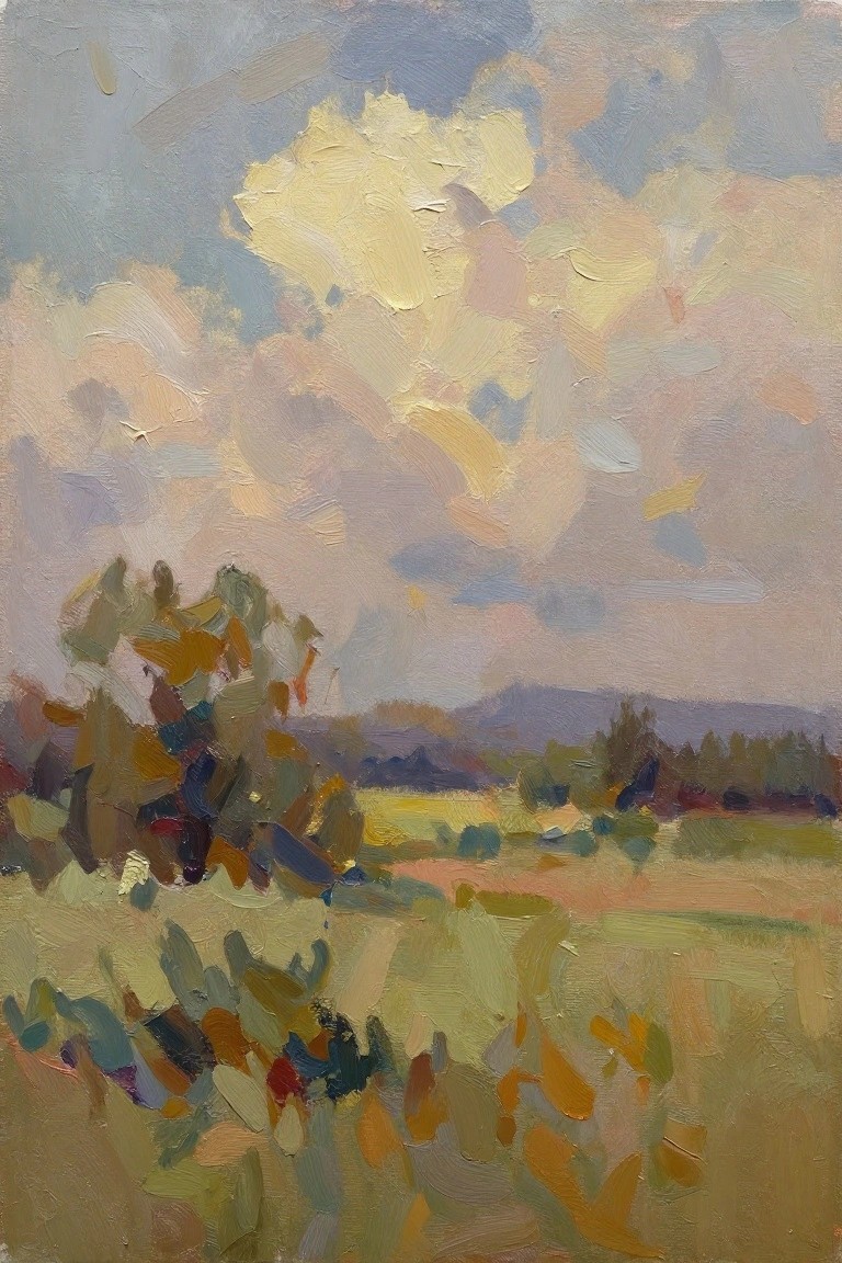 Oil painting depicting a prominent tree next to green-yellow fields and distant purple hills under a cloudy sky with blue, yellow, and white tones.