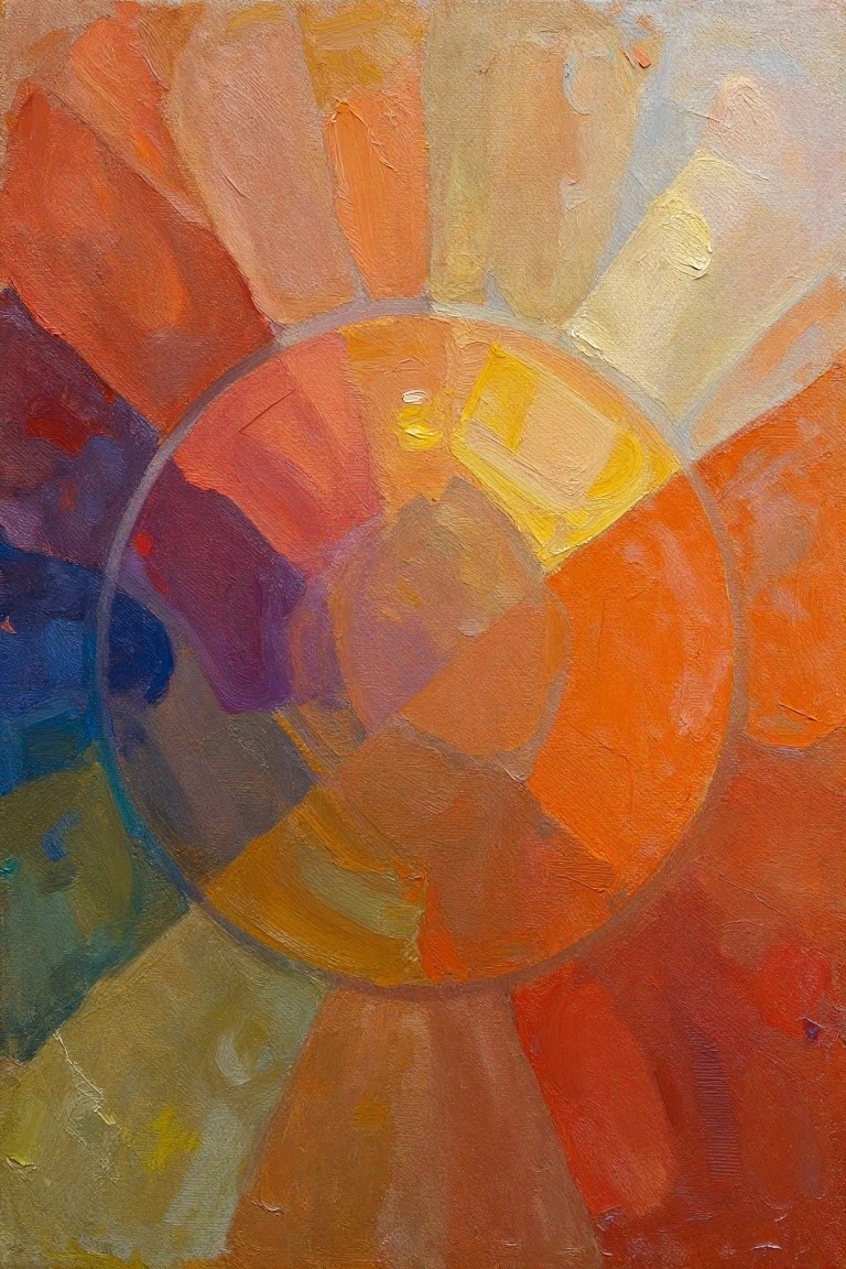 Oil painting of a circular color wheel with blended sectors in red, orange, yellow, green, blue, and purple hues using thick brushstrokes.