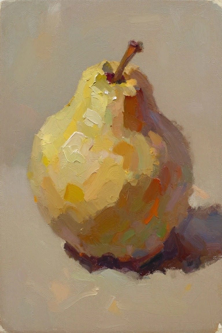 Oil painting of a yellow pear with reddish stem on a light gray background and subtle shadow.