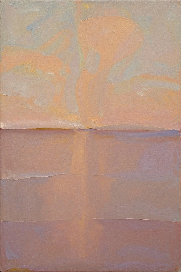 Abstract oil painting with soft blue and orange organic shapes above a central horizontal divide and layered pink and mauve horizontal bands below.