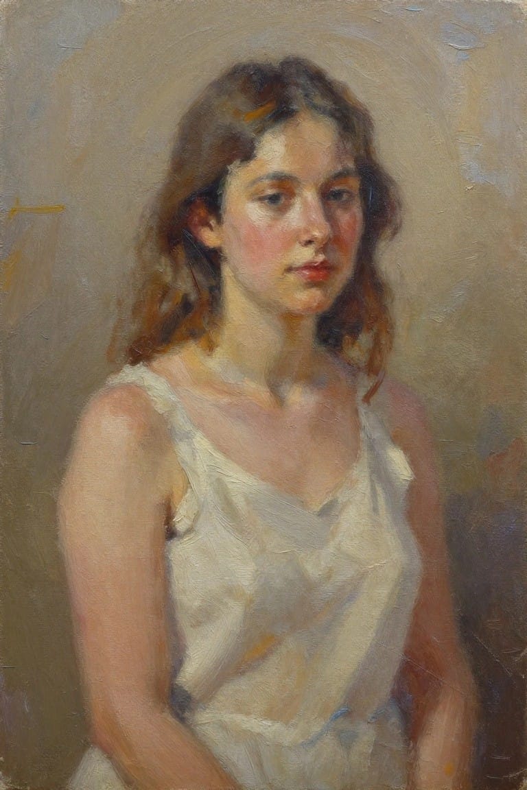 Oil portrait of a young woman with wavy brown hair, pink cheeks, wearing a white slip top, against a beige background.
