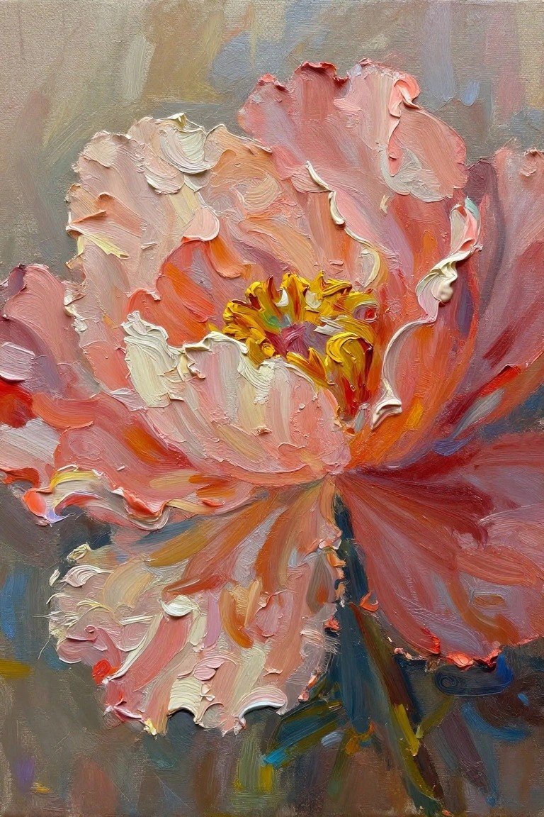 Oil painting of a large pink peony flower with textured impasto petals, yellow center, and subtle stem against a grayish background.