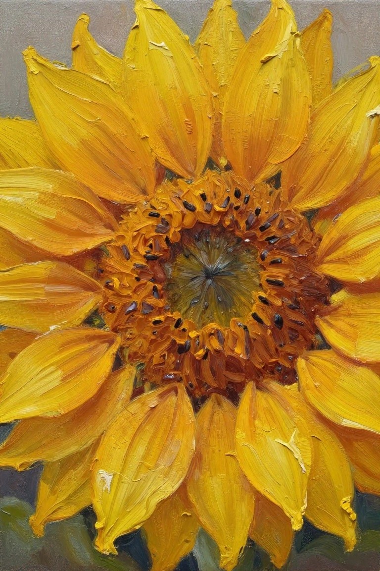 Close-up oil painting of a sunflower with thick textured yellow petals radiating from a dark detailed center on a neutral gray background.