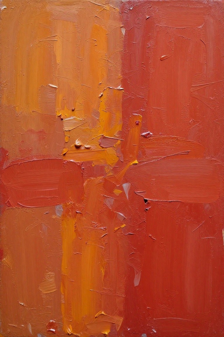 Vertical abstract oil painting with orange-yellow tones on the left blending into red tones on the right, featuring thick impasto textures.