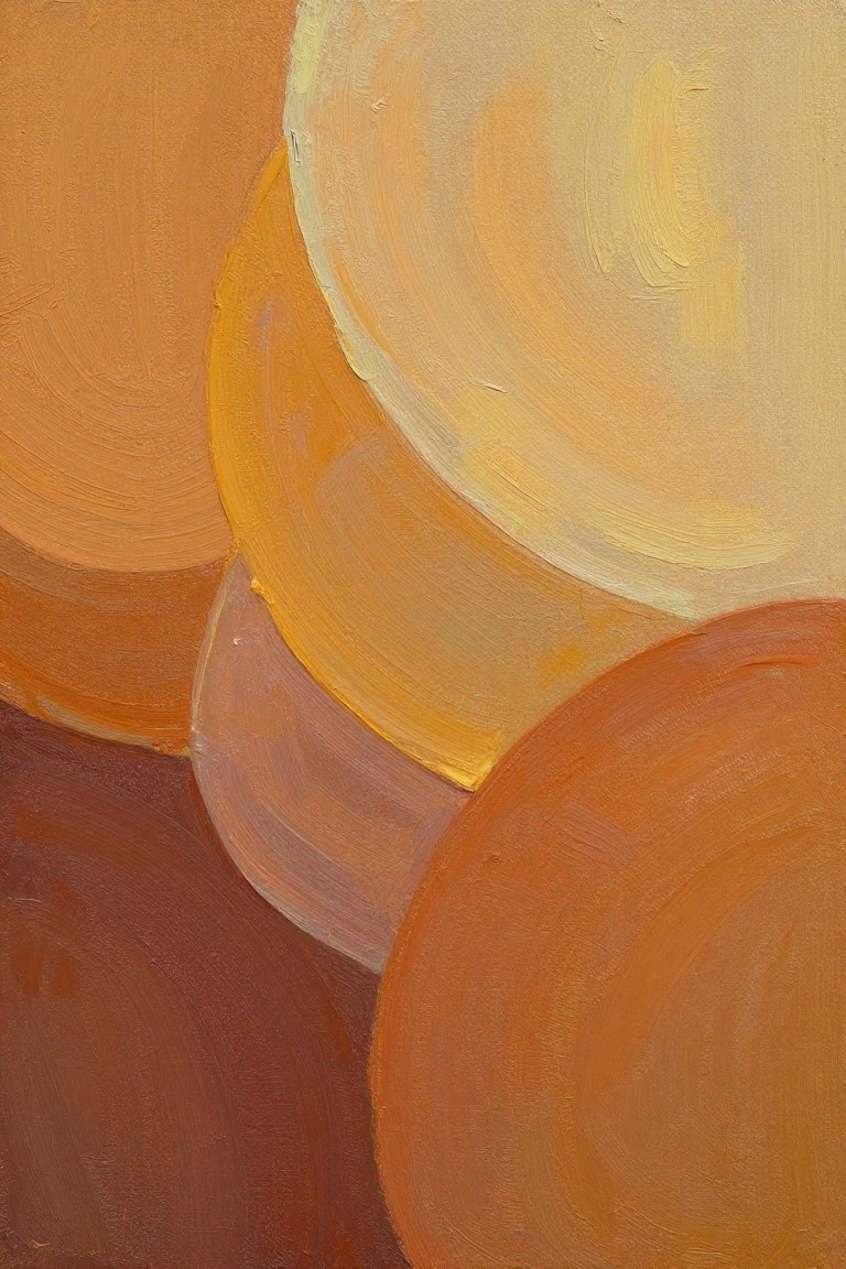 Abstract oil painting of overlapping circular forms in shades of orange, yellow, and brown with textured brushstrokes.
