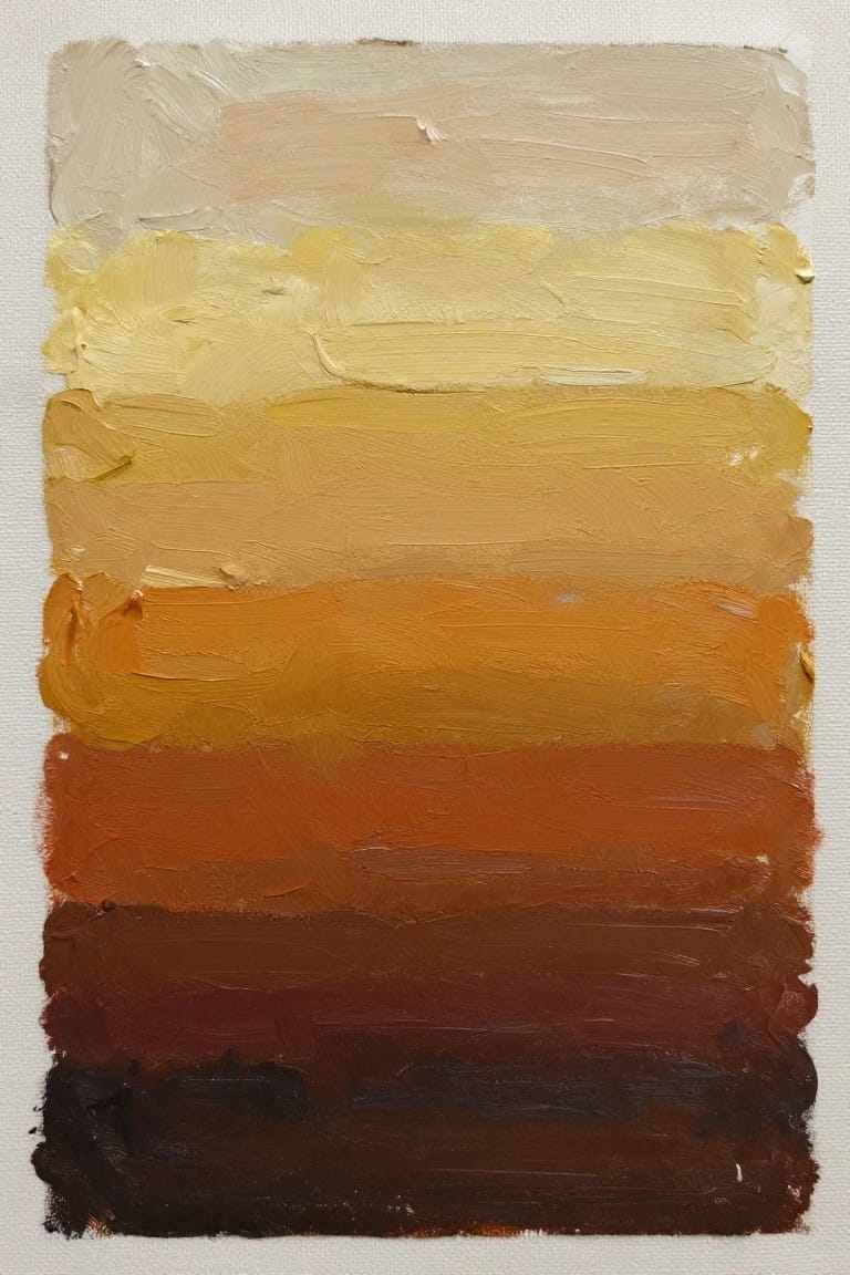 Vertical stack of nine horizontal oil paint bars on white canvas, graduating from pale beige at top to dark brown at bottom with textured brushstrokes.