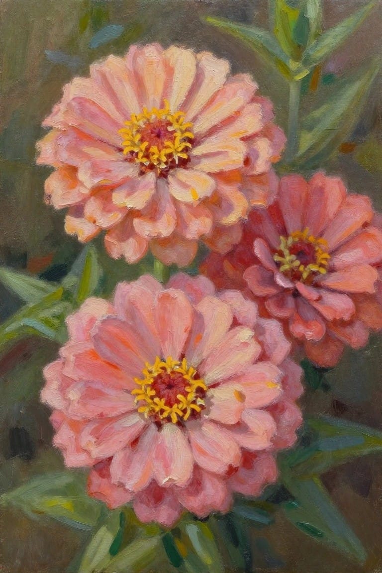 Oil painting of three pink-orange zinnias with yellow centers clustered on green stems against a muted greenish background.
