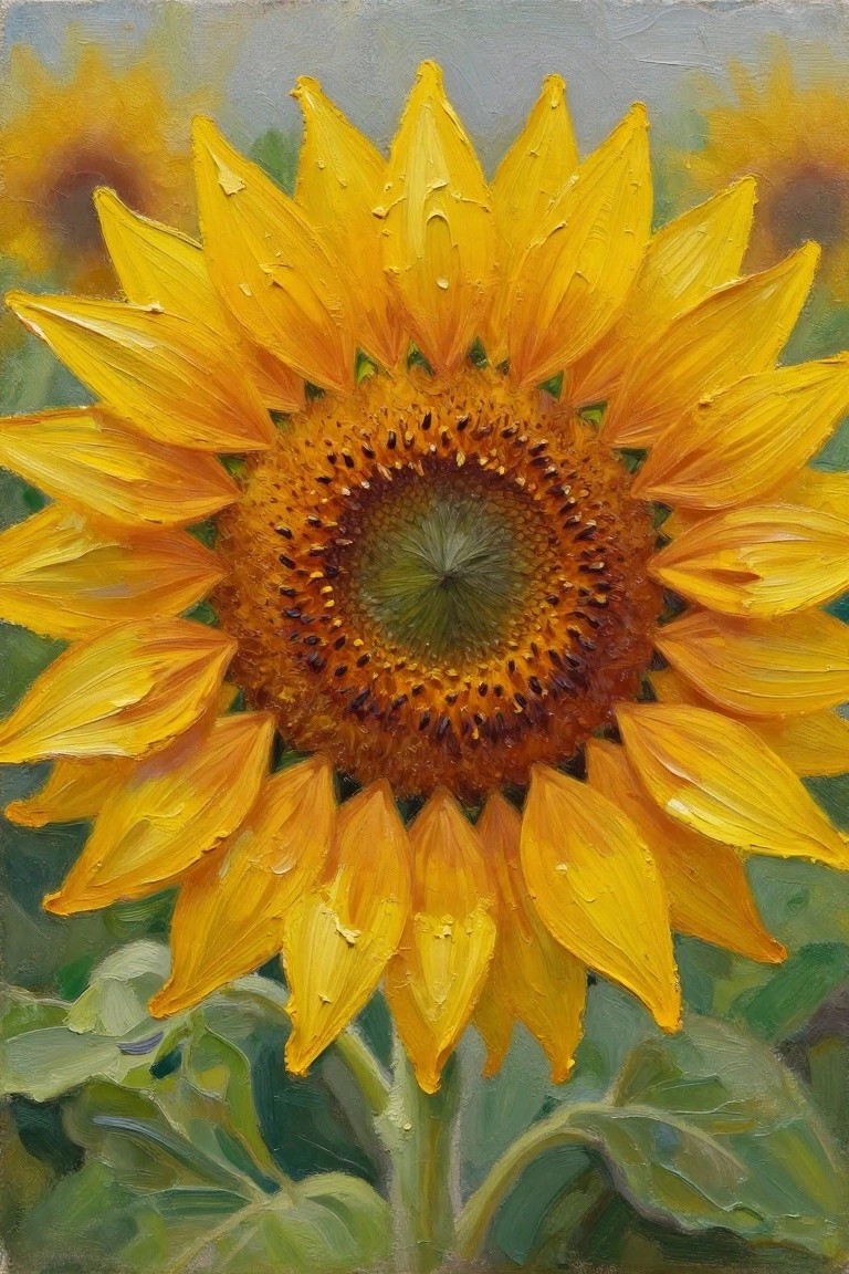 Oil painting of a close-up sunflower with thickly textured yellow petals, brown seed center, green stem and leaves, and a blurred sunflower in the background.