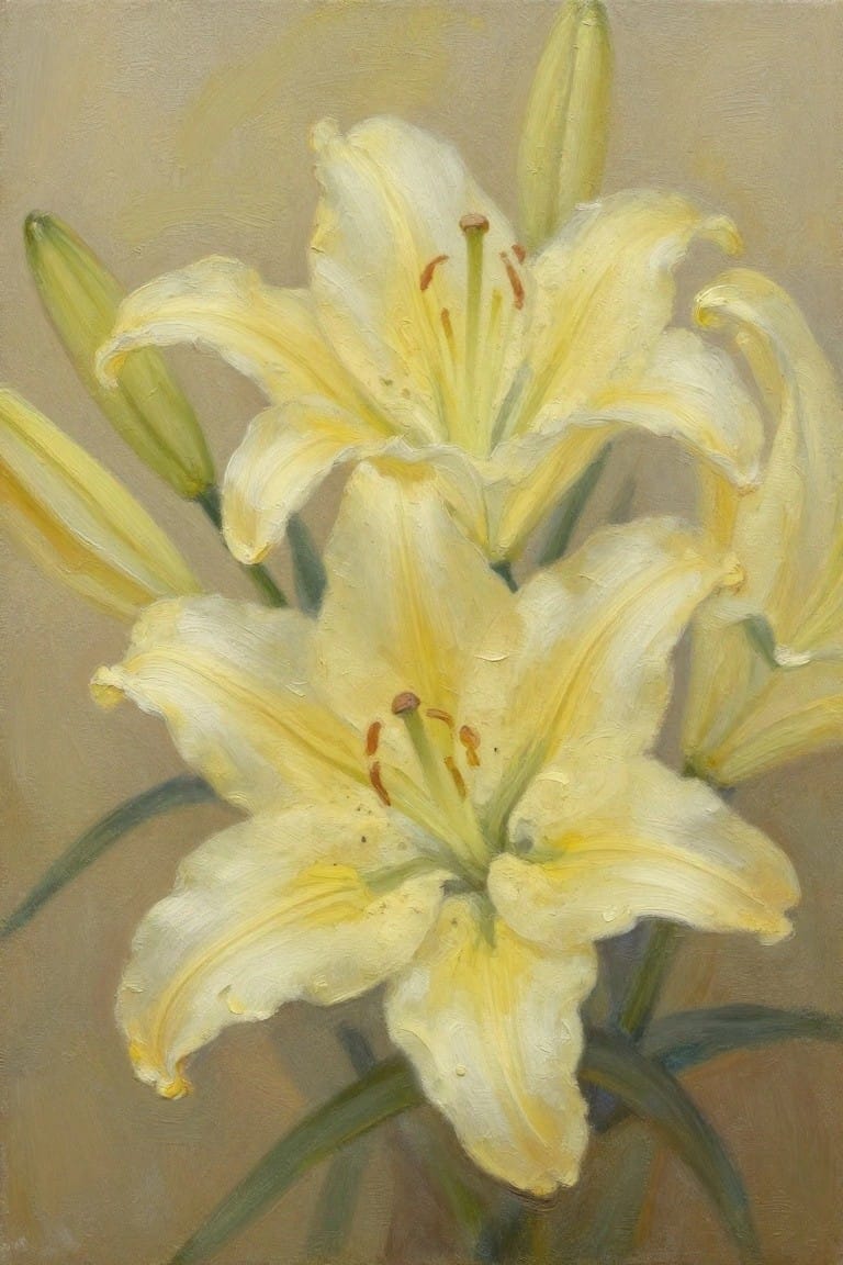 Oil painting of multiple pale yellow lilies with buds, stamens, and water droplets clustered against a beige background.
