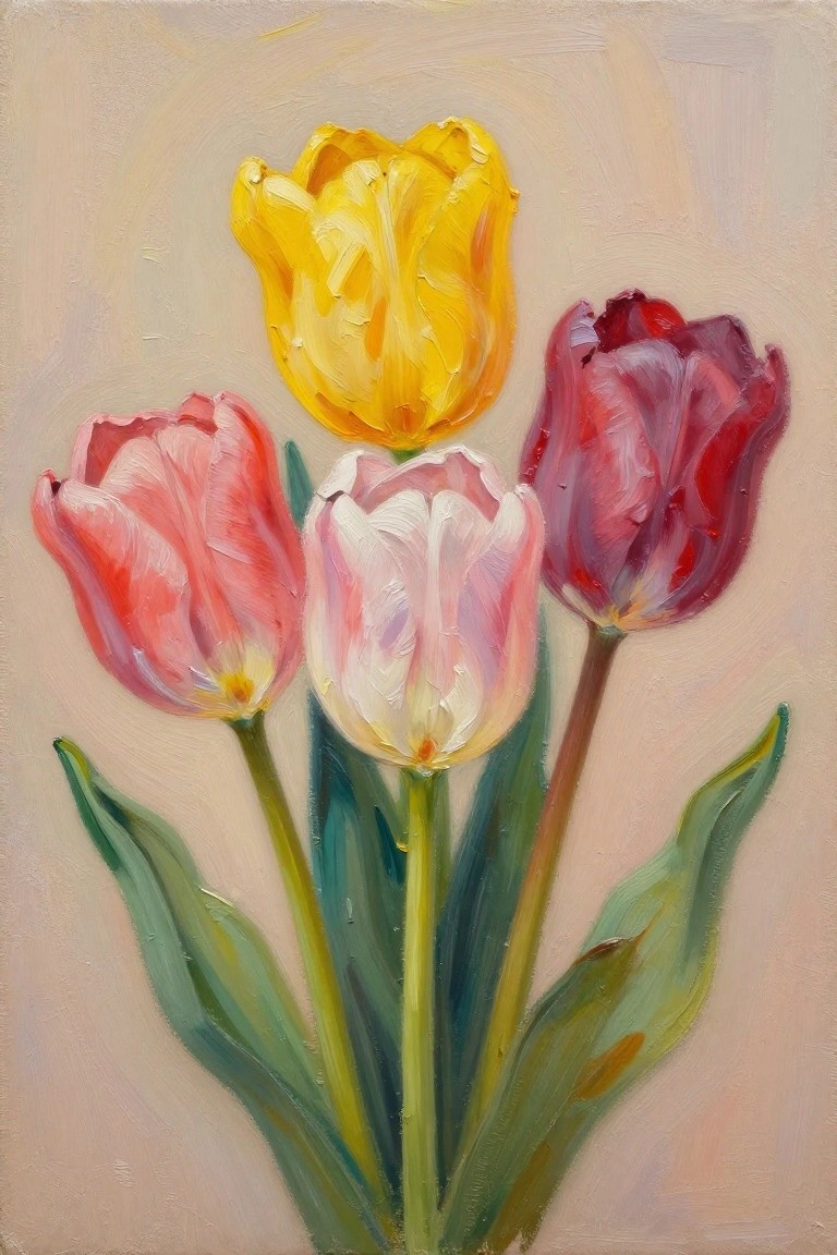 Oil painting of four tulips in yellow, pink, white, and maroon clustered with green stems and leaves against a beige background.