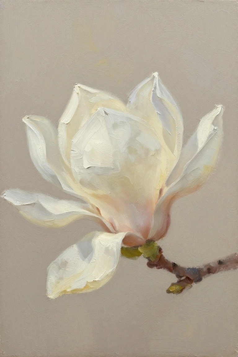 Oil painting of a white magnolia flower on a thin stem with green buds against a beige-gray background.