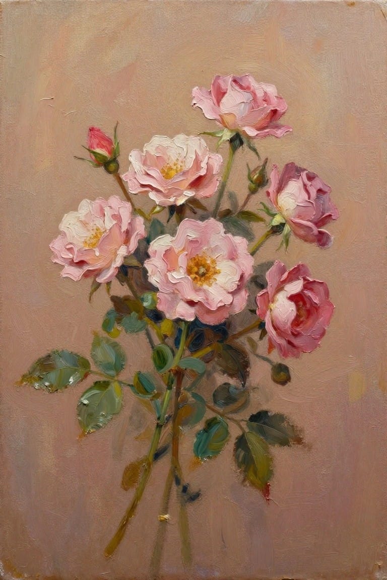 Oil painting of clustered pink roses with buds, stems, and leaves on a beige background.