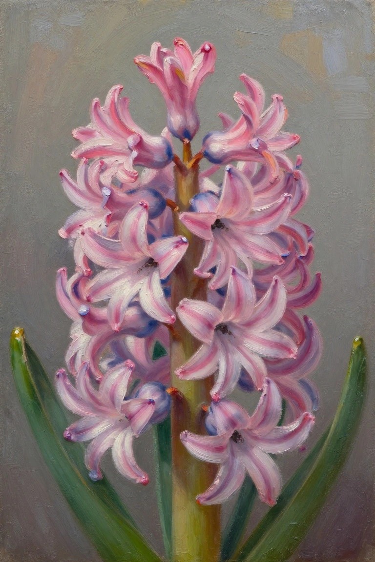 Oil painting of a vertical pink hyacinth flower stem with multiple blooms and green leaves on a gray background.