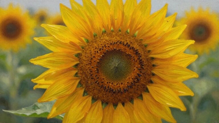 Oil painting of a close-up sunflower with thickly textured yellow petals, brown seed center, green stem and leaves, and a blurred sunflower in the background.