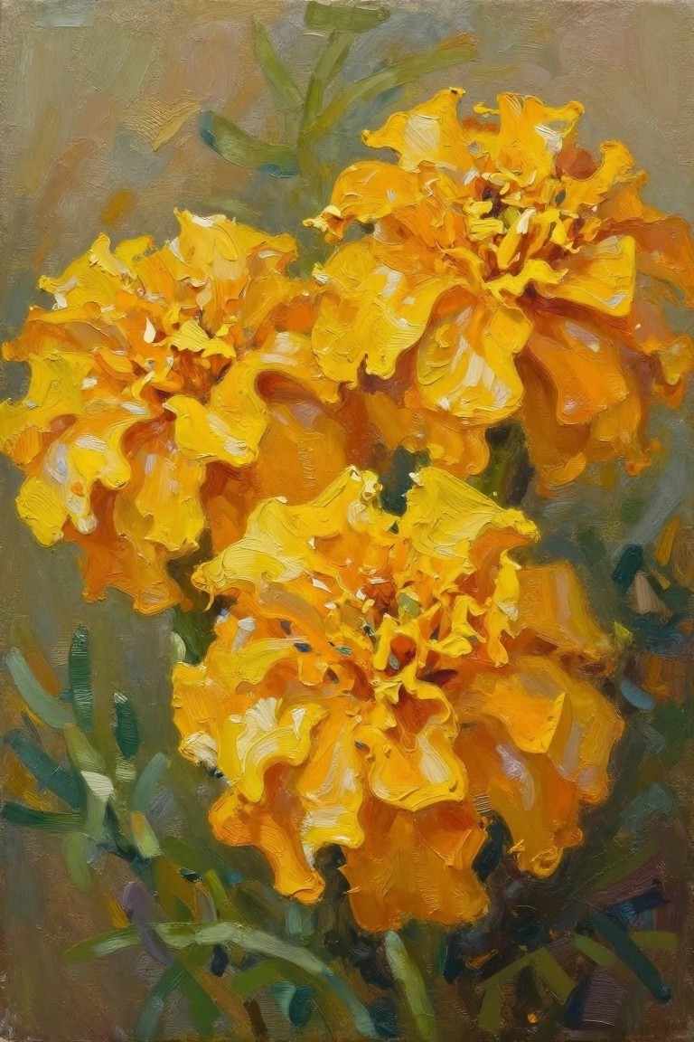 Oil painting of three clustered yellow marigold flowers with green stems and leaves on a neutral background.
