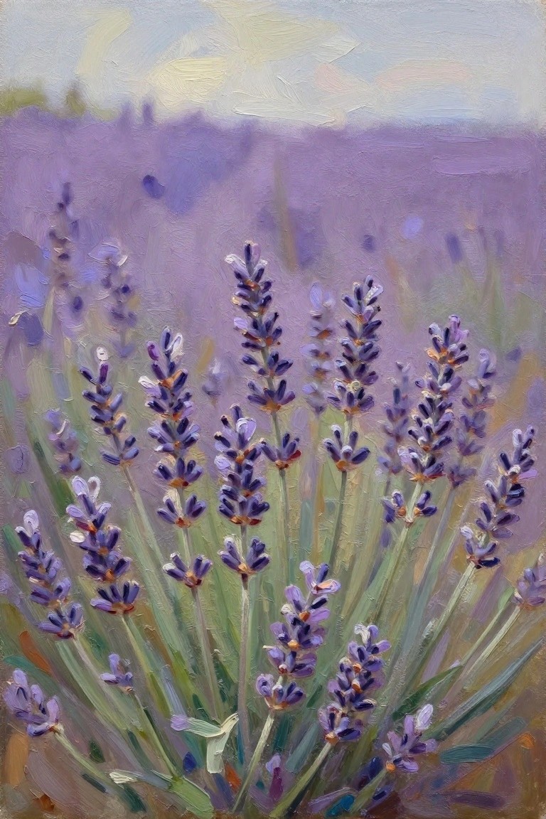 Oil painting of detailed lavender stalks in the foreground against a blurred purple lavender field and soft sky.