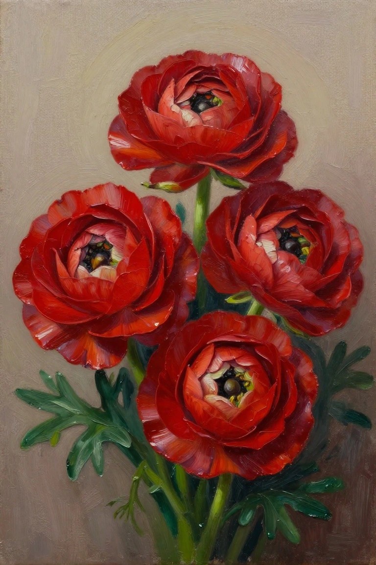 Oil painting of four red ranunculus flowers clustered in a bouquet with green stems and leaves against a beige background.