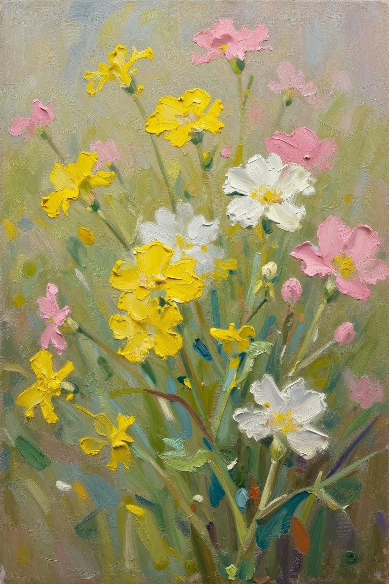 Oil painting of yellow, pink, and white wildflowers clustered with green stems and leaves on a soft greenish-gray background.