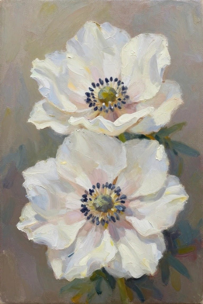 Oil painting of two white anemone flowers with dark central stamens and green stems against a soft beige-gray background.
