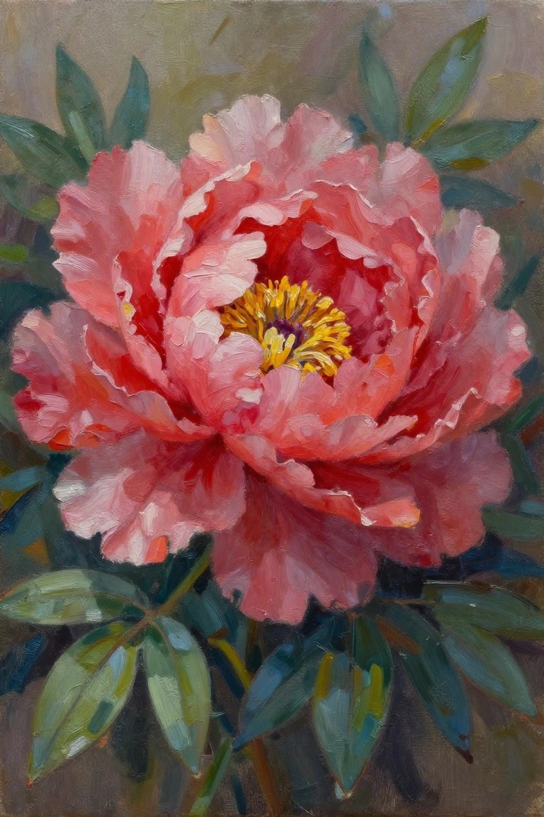 Oil painting of a large pink peony with ruffled petals, yellow center, and surrounding green leaves on a muted background.