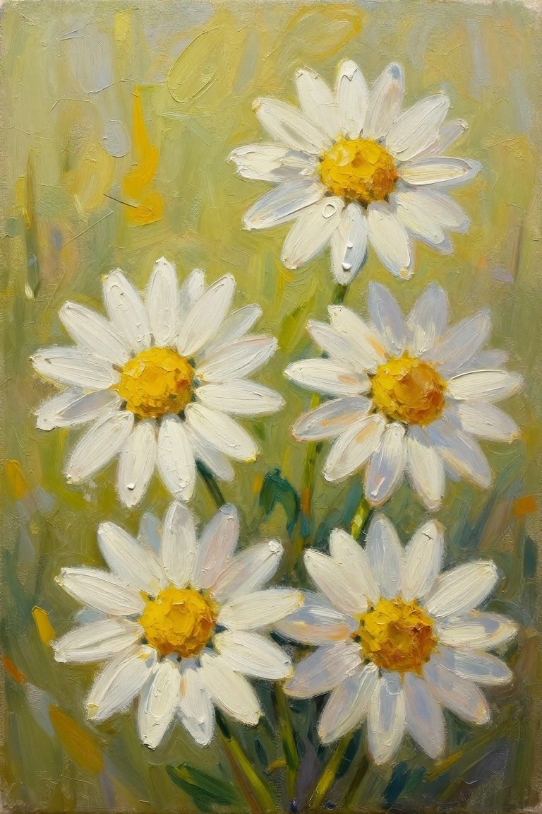 Oil painting of five white daisies with yellow centers clustered against a green background.