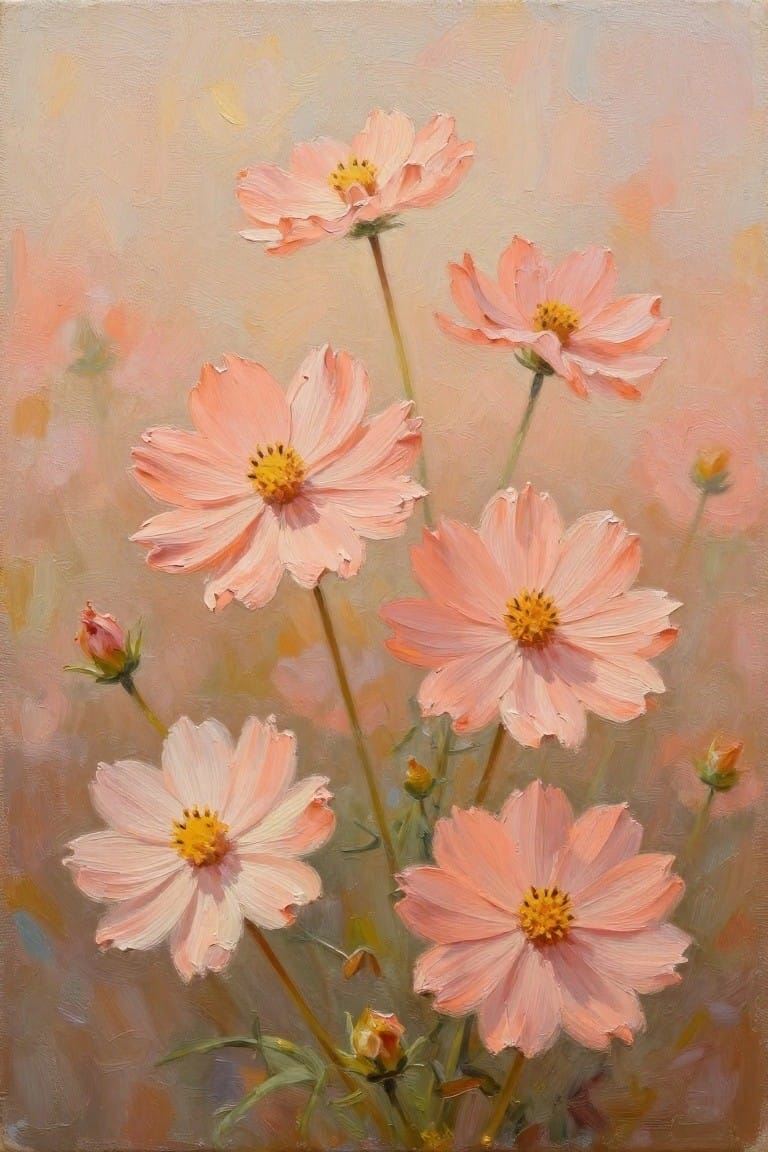 Oil painting of clustered pink cosmos flowers with textured petals, stems, buds, and blurred background in soft pinks and beige.