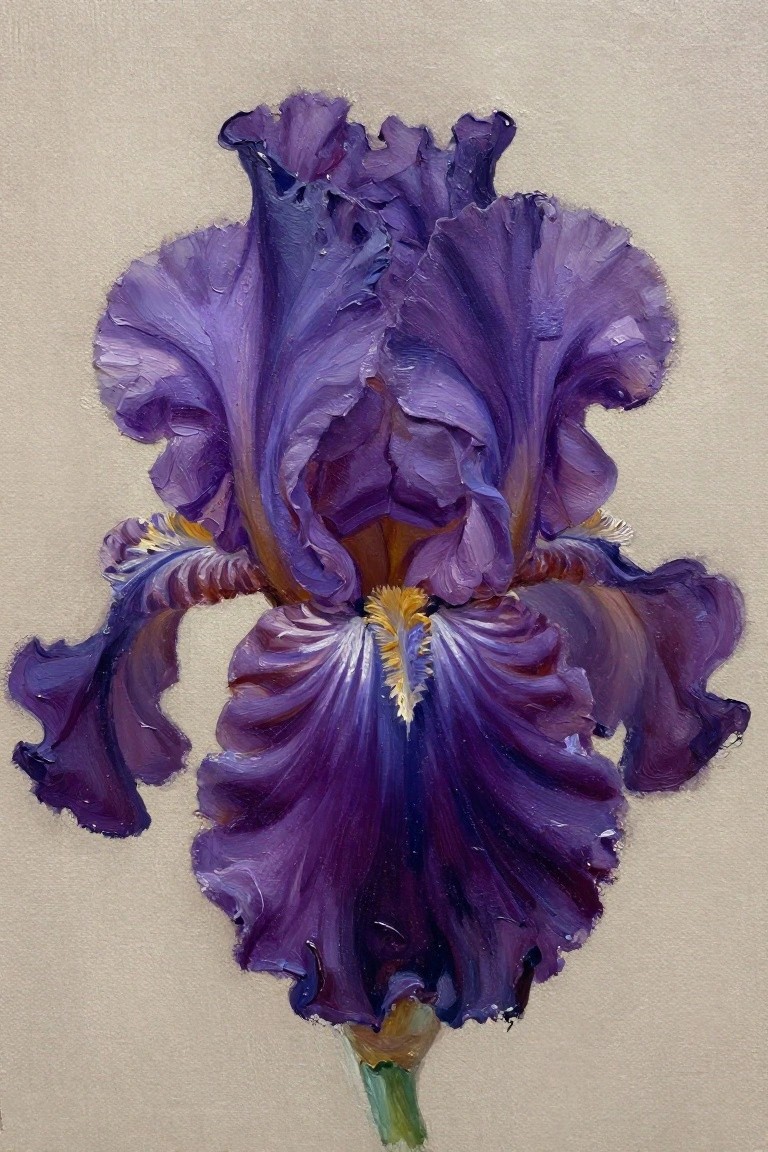 Oil painting of a close-up purple bearded iris with ruffled petals and yellow center against a neutral beige background.