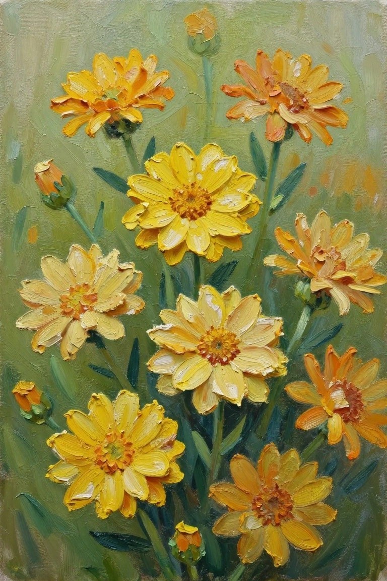 Oil painting of clustered yellow and orange daisy-like flowers with buds and green stems against a soft green background.