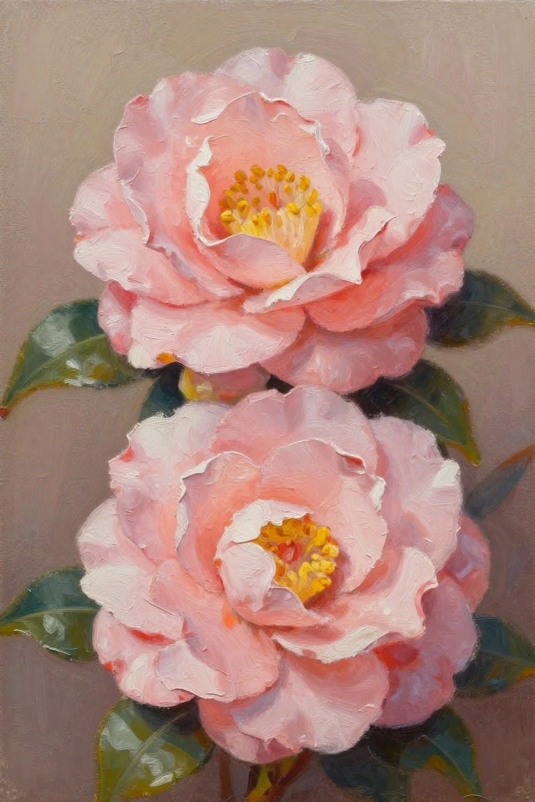 Oil painting of two side-by-side pink camellias with ruffled petals, yellow centers, and green leaves on a beige background.