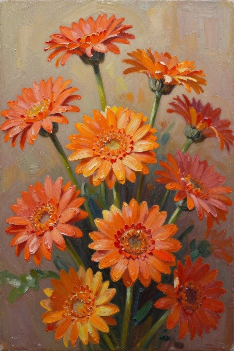 Oil painting of a bouquet of orange gerbera daisies with green stems and leaves on a beige background.