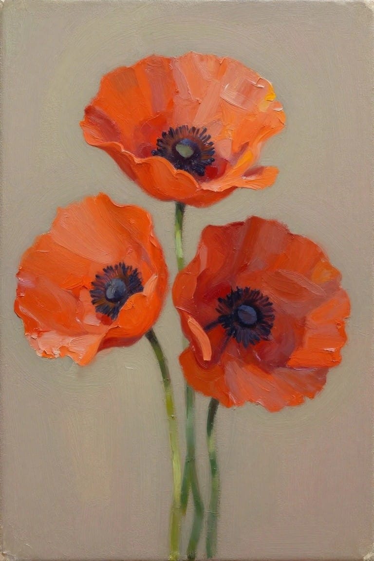 Oil painting of three orange poppies with textured petals and green stems against a beige background.