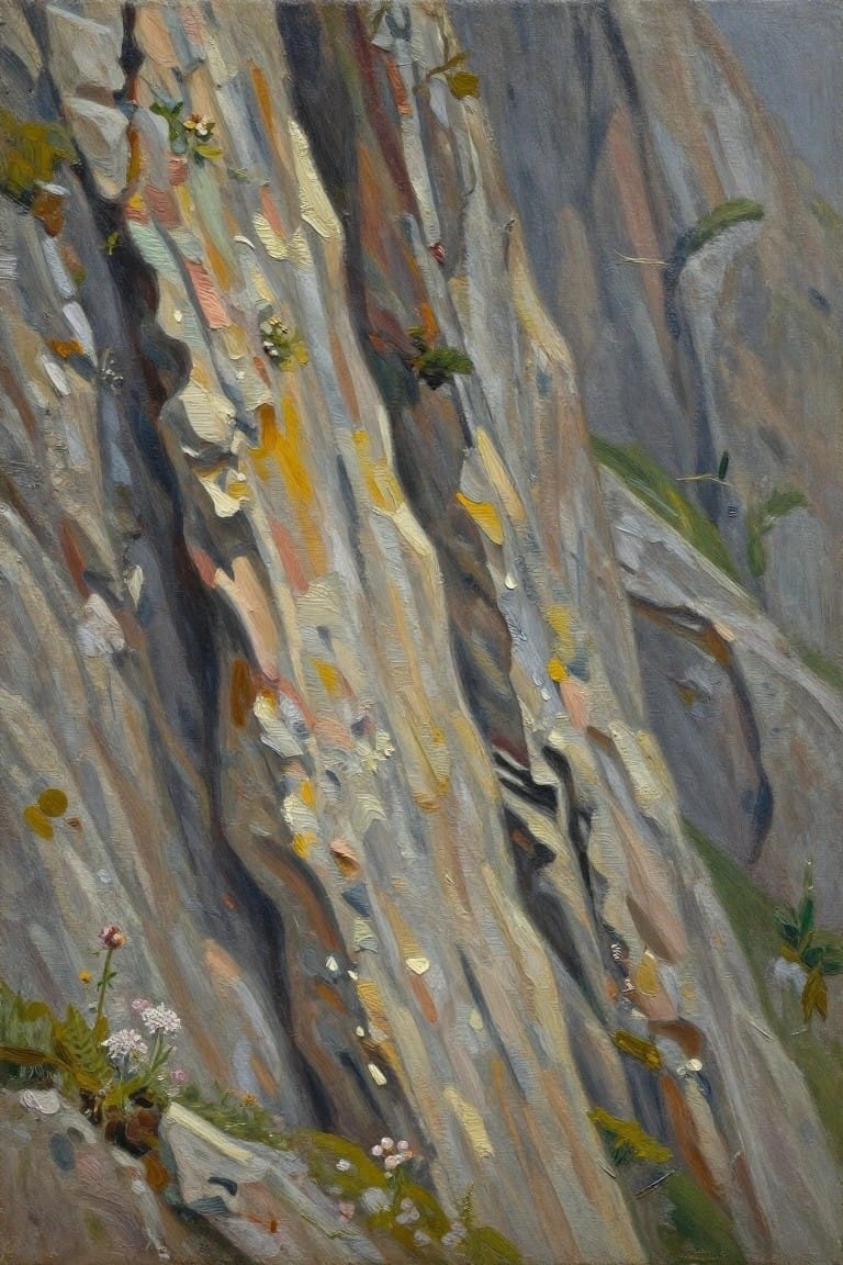 Oil painting close-up of a gray and brown mountain cliff face textured with yellow lichen, green moss, and small pink and white flowers in crevices.