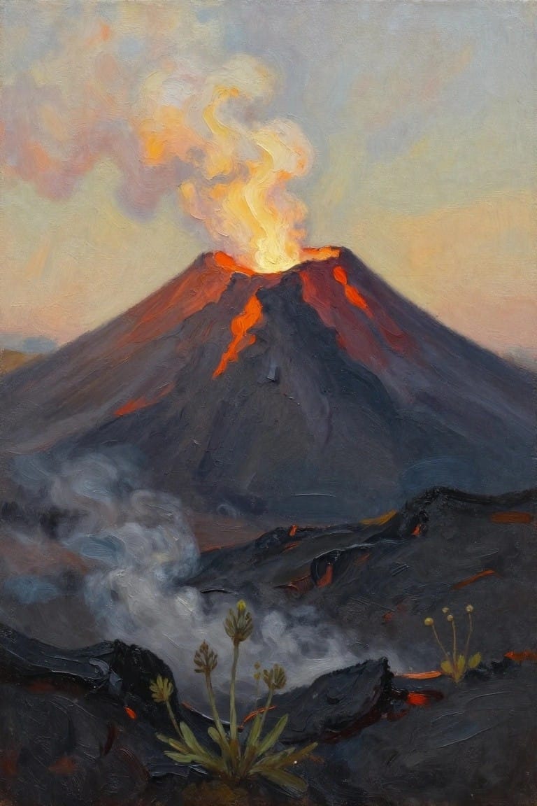 Oil painting depicts an erupting volcano spewing lava and smoke, with green plants on foreground lava flows under a pinkish twilight sky.