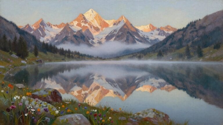 Oil painting of a sunlit snow-capped mountain peak reflected in a misty lake, with wildflowers and rocks in the foreground.