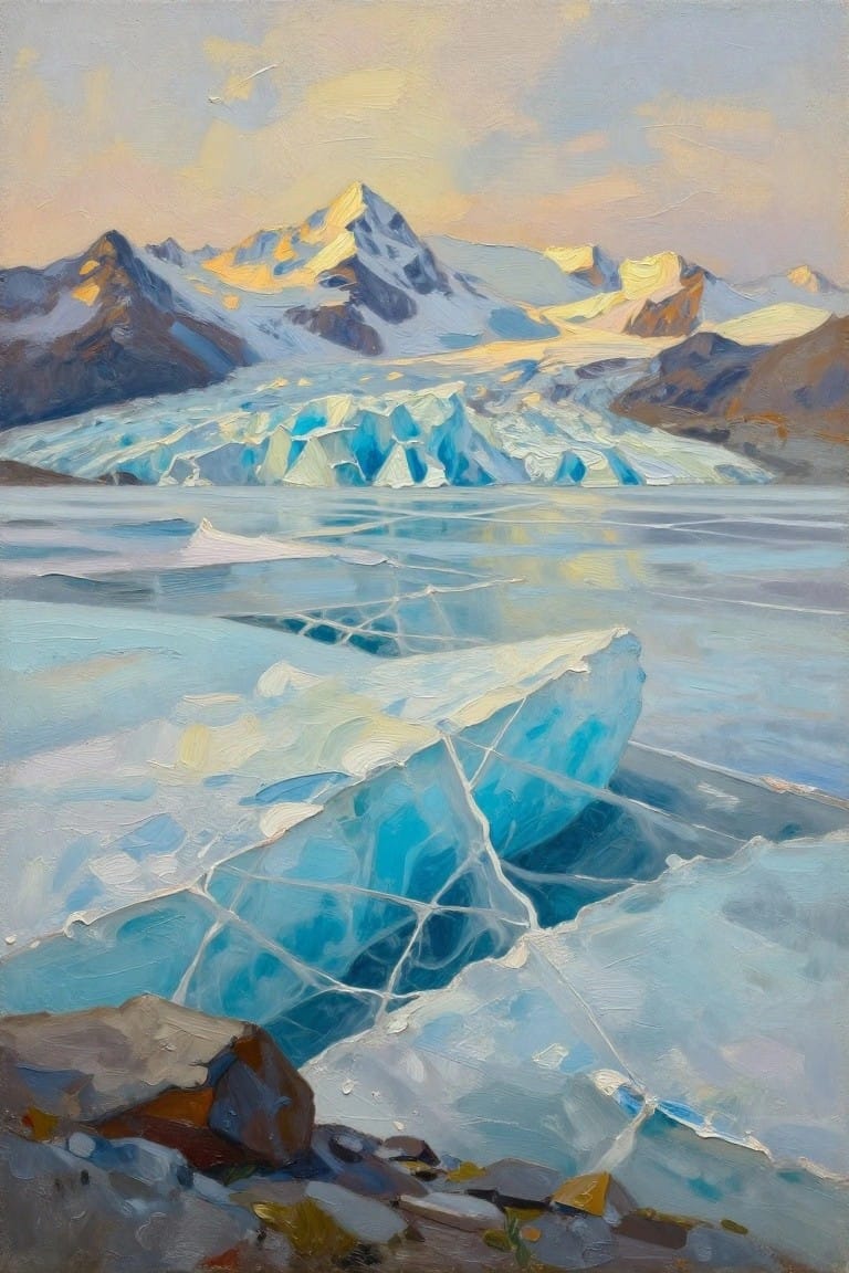 Oil painting of blue glacier ice floes in a reflective lagoon with rocky foreground, snowy peaks, and golden sunset light on distant mountains.