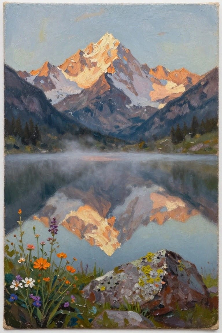 Oil painting of a sunlit snow-capped mountain peak reflected in a misty lake, with wildflowers and rocks in the foreground.
