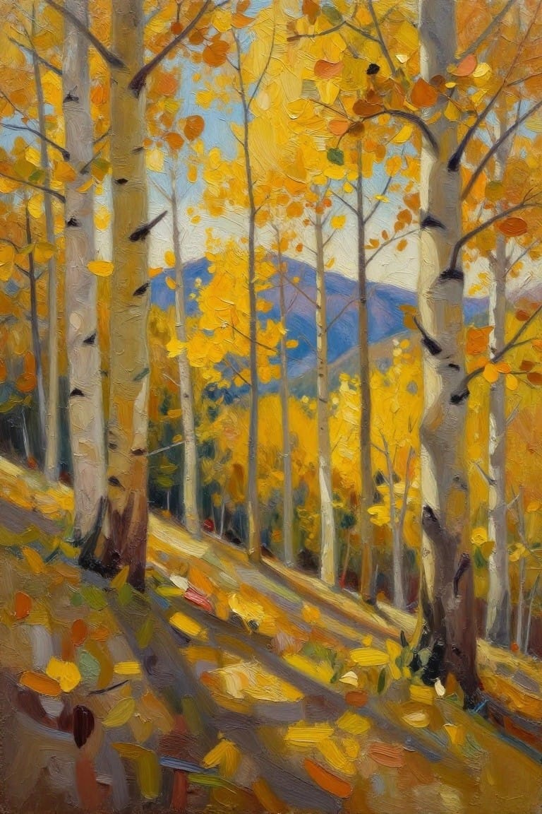 Oil painting of golden yellow aspen trees with white trunks on a sloping hillside, distant purple mountains, and fallen leaves under blue sky.