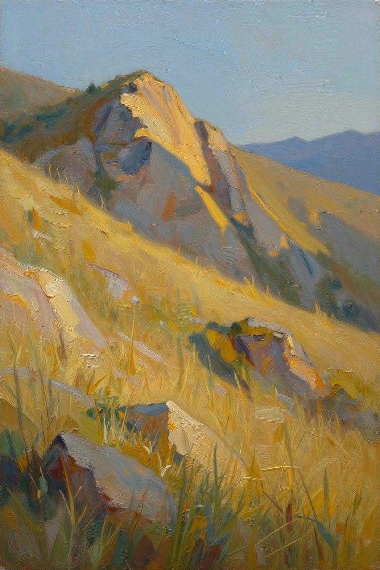Oil painting of golden yellow grassy slopes with gray rocks leading up to tan cliffs and distant blue mountains under a pale blue sky.