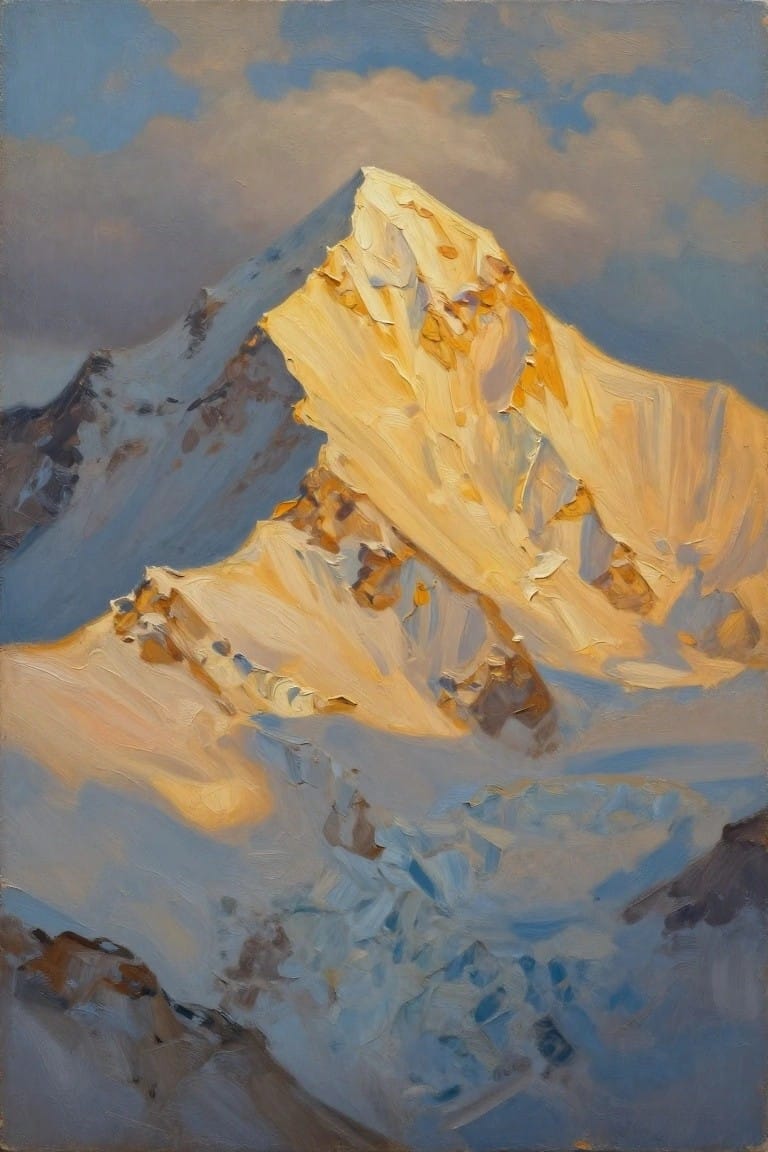 Oil painting of a jagged snow-covered mountain peak lit golden by the sun under a cloudy blue-gray sky.
