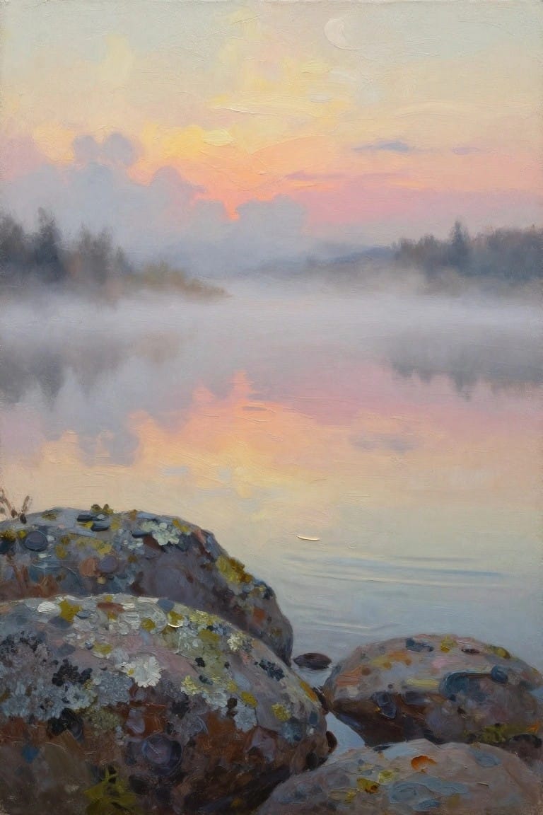 Oil painting of lichen-covered rocks by a misty lake reflecting pink-orange dawn skies, with distant trees, fog, and a moon visible.