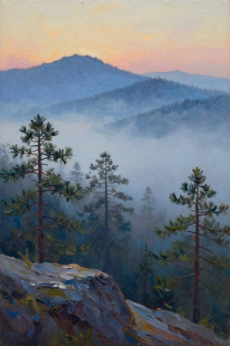 Oil painting of pine trees on a rocky outcrop overlooking fog-shrouded blue mountains under a pink-orange sunset sky.