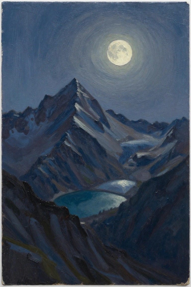 Oil painting of a full moon above snow-covered alpine peaks, glacier, and blue lake in a dark valley at night.
