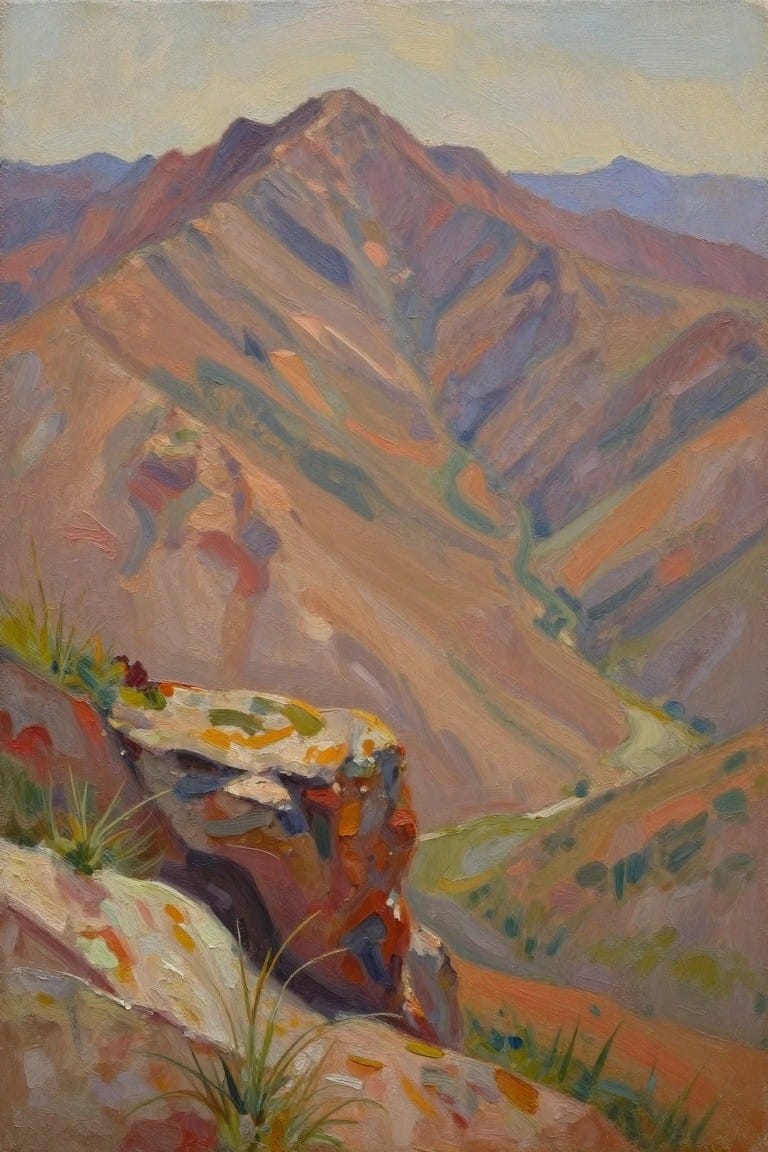 Oil painting of orange-brown layered mountains and valley viewed from a foreground rock ledge with grass.