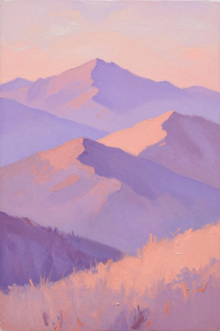 Oil painting of purple layered mountains at sunset with pink sky and orange foreground grasses.